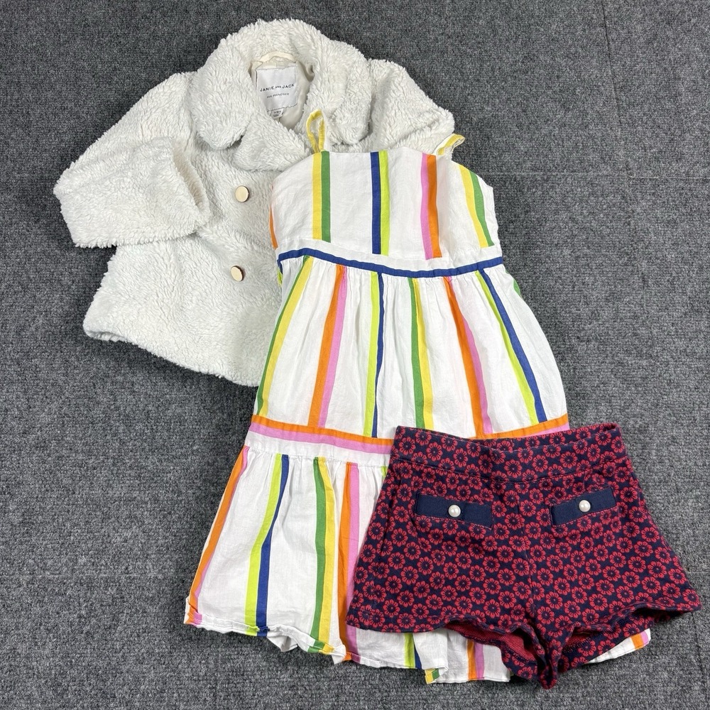 Lot Of 3 Janie And Jack Girls Clothes Size 3/4 Teddy Coat, Dress, And Shorts